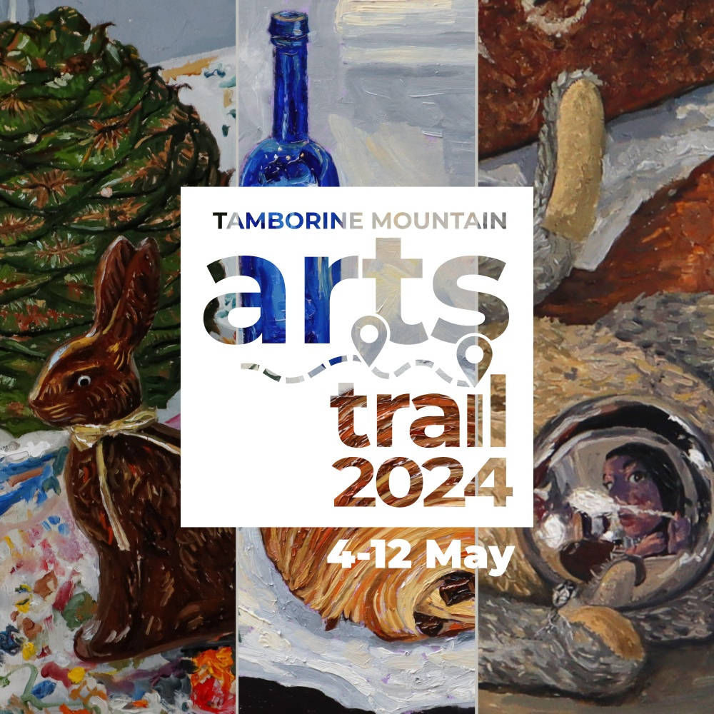 Invitation to Tamborine Mountain Arts Trail 2024, 4-12th May. It shows 3 still life paintings as tiles, with the TMARTS logo.